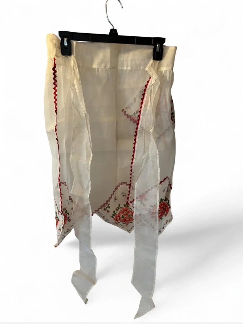 Vintage White Sheer Organza Half Apron Red Floral Hanky Hem Ric-Rac Detail